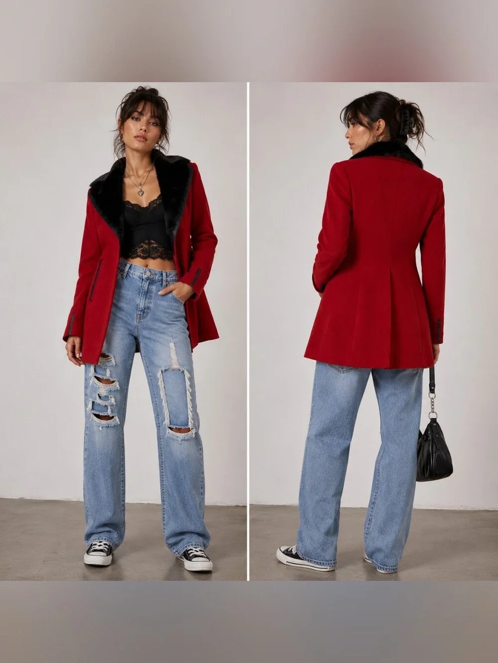 Blu Pepé | Faux Fur Wool Coat red Pea Coat medium
